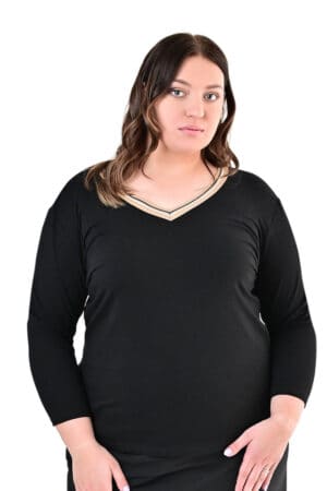 Памучна блуза с остро деколте 1039 - черно с бежово бие