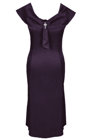 Разкроена  сатенена рокля цвят патладжан  с декоративна шал яка