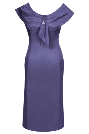 Разкроена синя  сатенена рокля с декоративна шал яка