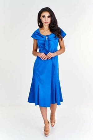 Разкроена  сатенена наситено синя рокля с декоративна шал яка