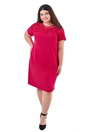 Официална малинено розова рокля с къс ръкав и дантелена платка 1046