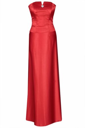 Дълга официална червена сатенена рокля с кристал 088