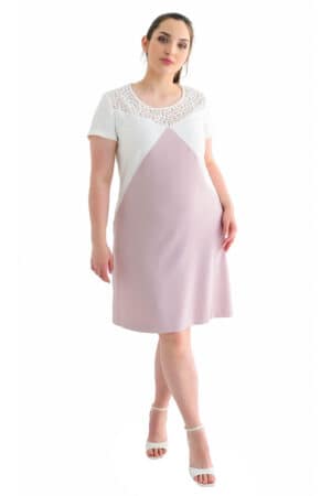 Лятна рокля с дантела на деколтето в розово и бяло 1051
