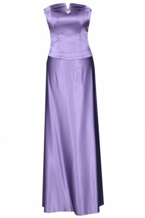 Дълга официална бледо лилава сатенена рокля с кристал 088