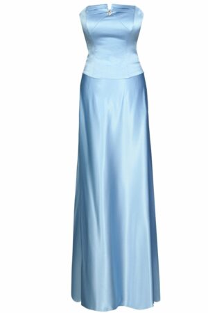 Дълга официална светло синя сатенена рокля с кристал 088