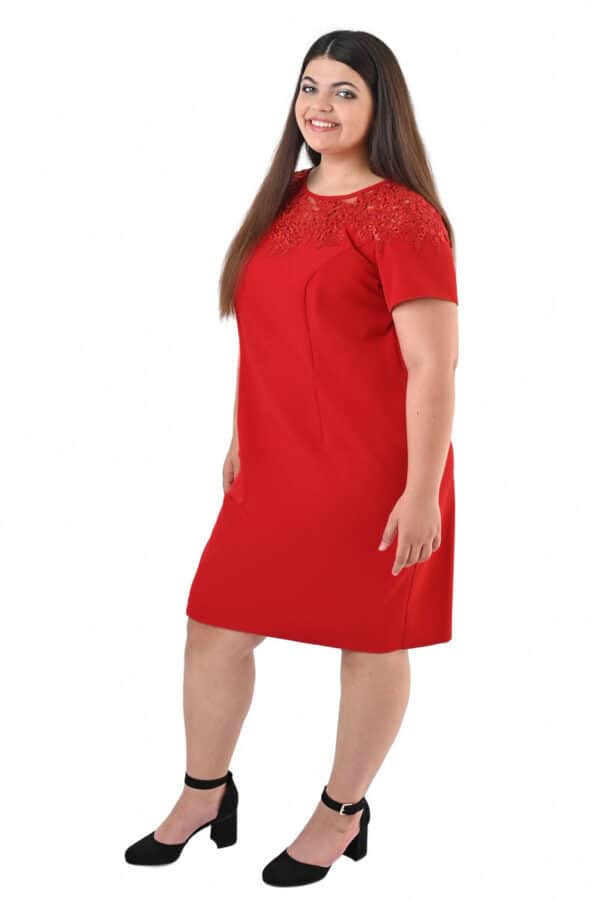 Официална червена рокля с къс ръкав и дантелена платка 1046