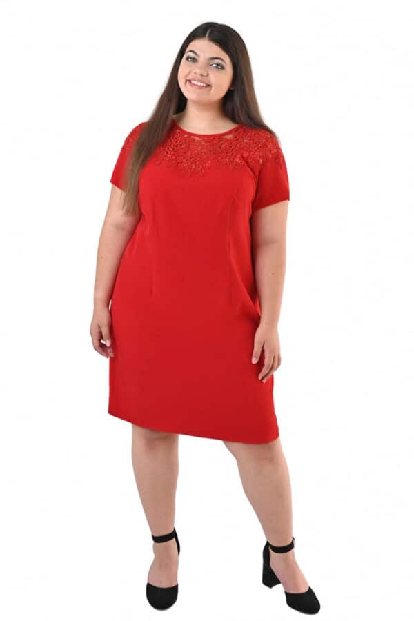 Официална червена рокля с къс ръкав и дантелена платка 1046