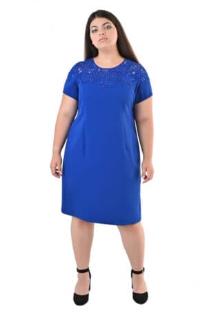 Официална синя рокля с къс ръкав и дантелена платка 1046
