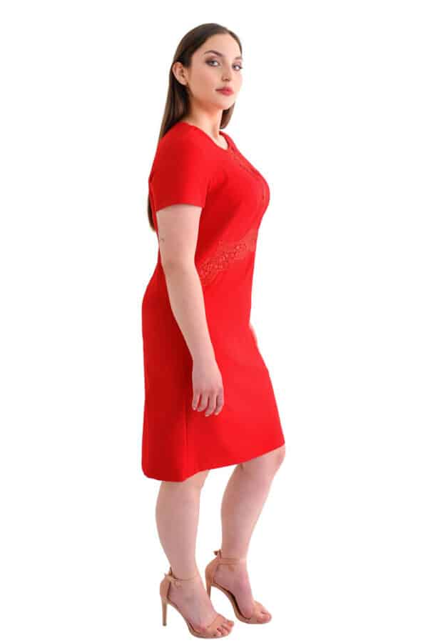 Официална червена рокля с къс ръкав и дантела 1045
