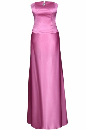Дълга официална наситено розова сатенена рокля с кристал 088