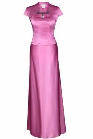 Дълга официална наситено розова сатенена рокля с кристал 088
