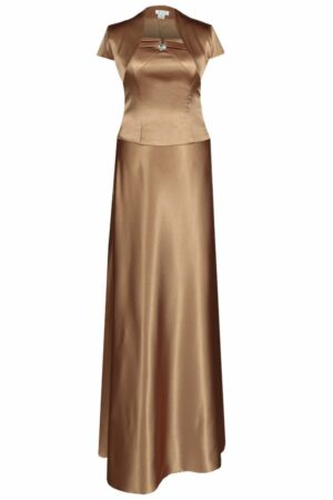 Дълга официална сатенена рокля с кристал 088 цвят старо злато