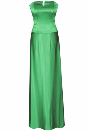 Дълга официална сатенена рокля с кристал 088 наситено зелено