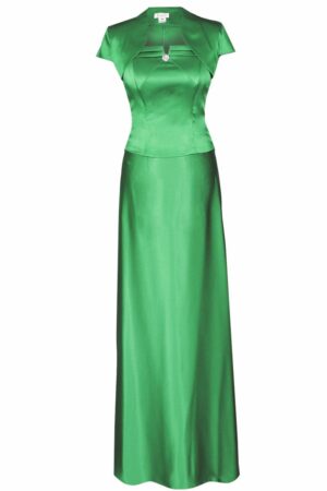 Дълга официална сатенена рокля с кристал 088 наситено зелено