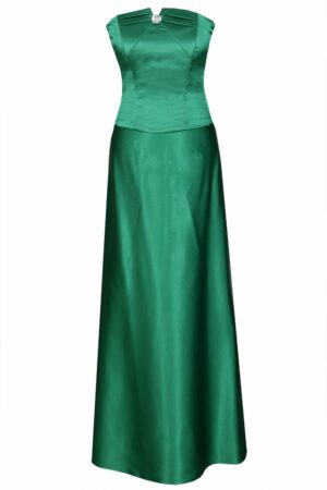 Дълга официална зелена сатенена рокля с кристал 088