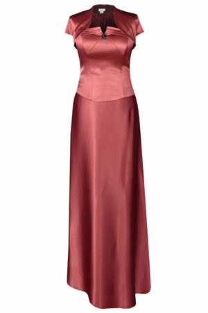 Дълга официална керемидено червена сатенена рокля с кристал 088