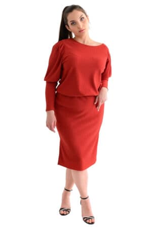 Керемидено червена рипсена рокля с дълъг ръкав 1064