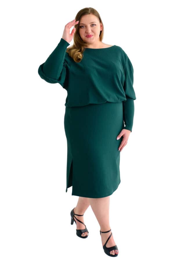 Тъмно зелена рипсена рокля с дълъг ръкав 1064