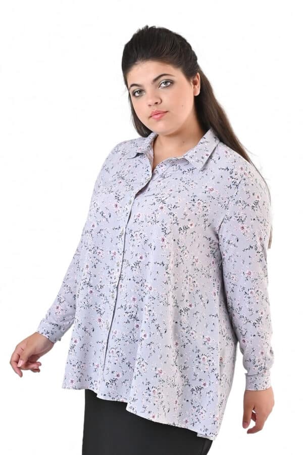Широка дамска риза 1072 - сиво и розово цветя