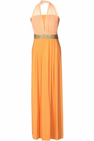 Дълга светло оранжева рокля от трико с колан с пайети 1080