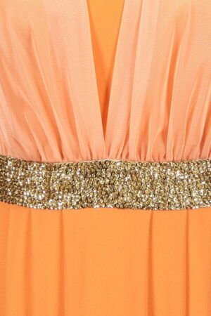 Дълга оранжева рокля от трико с колан с пайети 1080