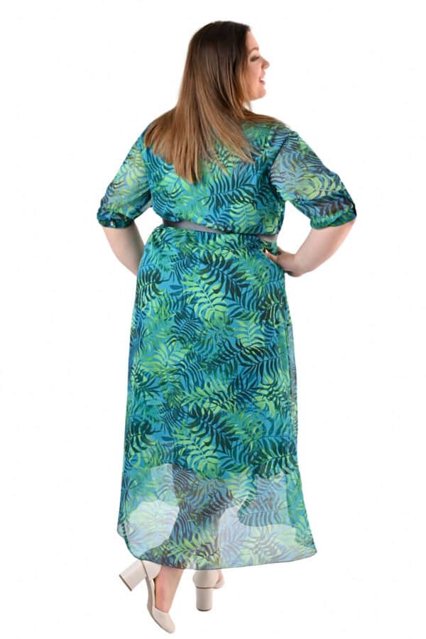 Дълга рокля с 3/4 ръкав и колан 1087 - зелено и синьо листа