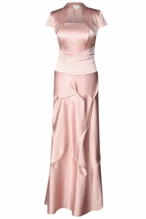 Дълга официална сатенена рокля в розово с корсет и болеро