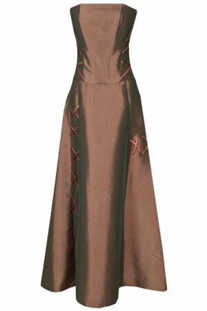 Официална дълга рокля с болеро и декоративни връзки в медено кафяво 087