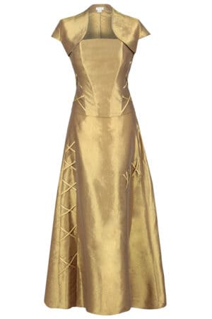 Официална дълга златиста рокля с болеро и декоративни връзки 087