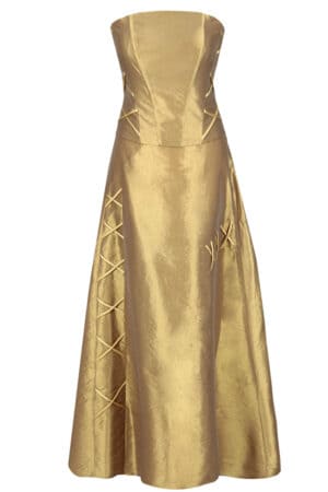 Официална дълга златиста рокля с болеро и декоративни връзки 087