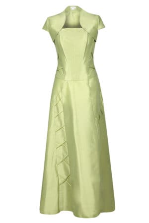 Официална дълга светло зелена рокля с болеро и декоративни връзки 087