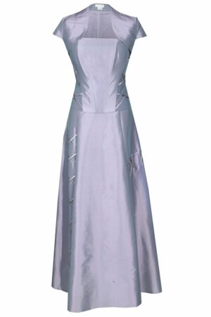 Официална дълга сиво-лилава рокля с болеро и декоративни връзки 087