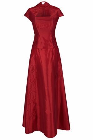 Официална дълга тъмно червена рокля с болеро - декоративни връзки