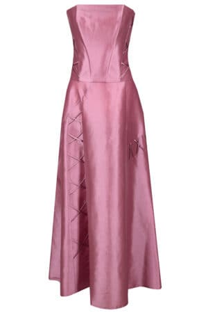 Официална дълга тъмно розова рокля с болеро и декоративни връзки 087