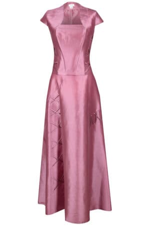 Официална дълга тъмно розова рокля с болеро и декоративни връзки 087