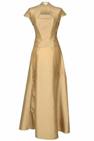 Официална дълга рокля с болеро и декоративни връзки в цвят капучино 087