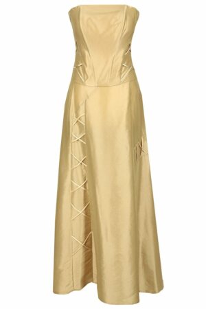 Официална дълга рокля с болеро и декоративни връзки в цвят шампанско 087