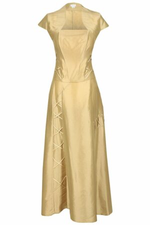 Официална дълга рокля с болеро и декоративни връзки в цвят шампанско 087