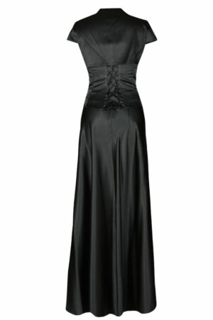 Дълга черна сатенена рокля с корсет с дребни кристали и болеро