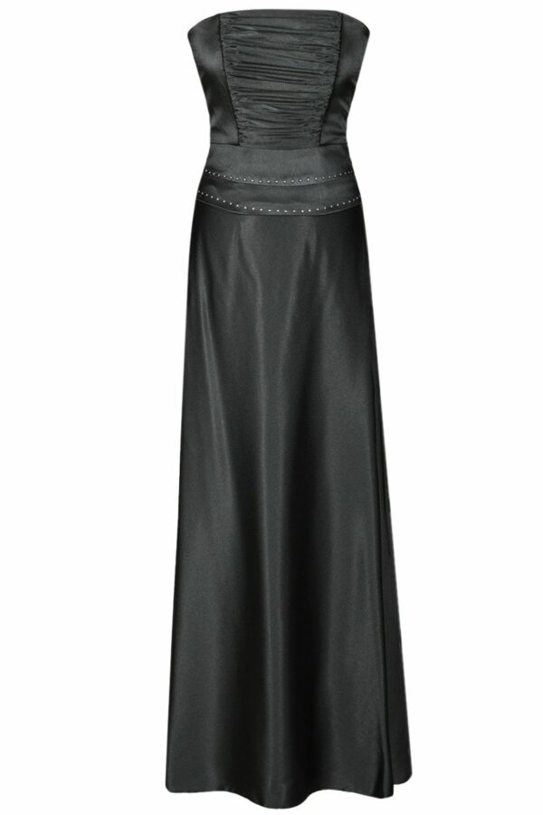 Дълга черна сатенена рокля с корсет с дребни кристали и болеро