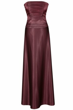 Дълга тъмно вишнево червена сатенена рокля с корсет с дребни кристали и болеро 086