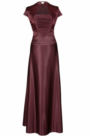 Дълга тъмно вишнево червена сатенена рокля с корсет с дребни кристали и болеро 086