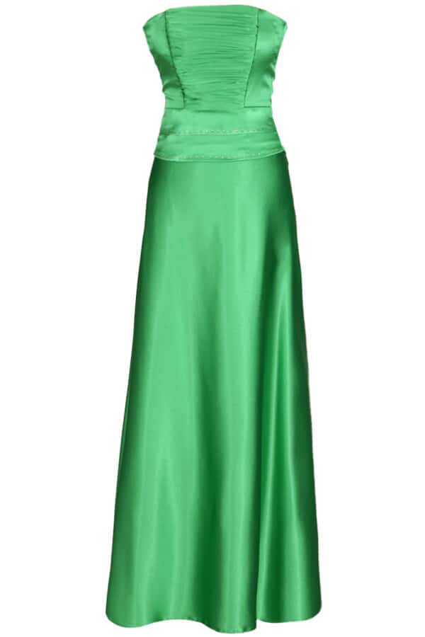 Дълга наситено зелена сатенена рокля с корсет с дребни кристали и болеро 086