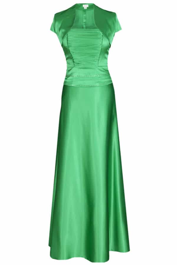 Дълга наситено зелена сатенена рокля с корсет с дребни кристали и болеро 086