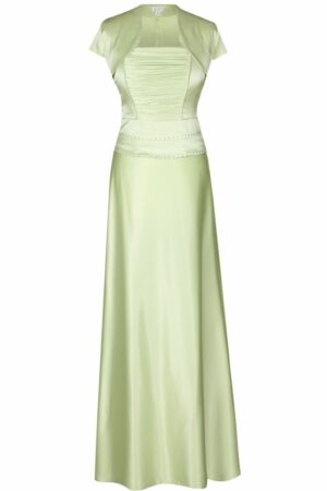 Дълга бледо зелена сатенена рокля с корсет с дребни кристали и болеро 086