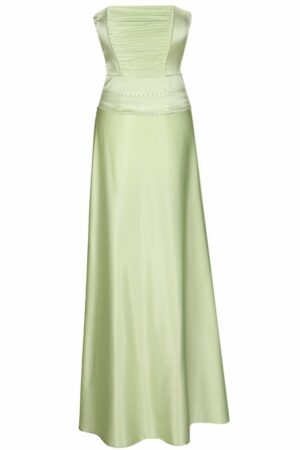 Дълга бледо зелена сатенена рокля с корсет с дребни кристали и болеро 086