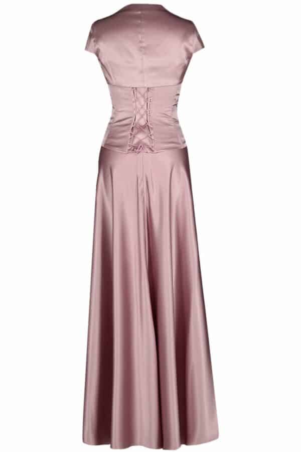 Дълга светло розова сатенена рокля с корсет с дребни кристали и болеро 086