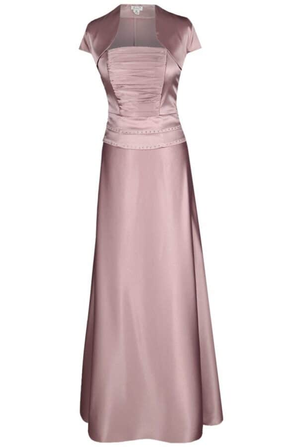 Дълга светло розова сатенена рокля с корсет с дребни кристали и болеро 086