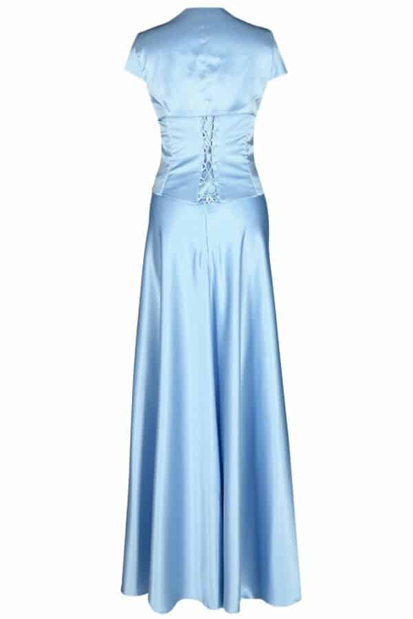 Дълга небесно синя сатенена рокля с корсет с дребни кристали и болеро 086