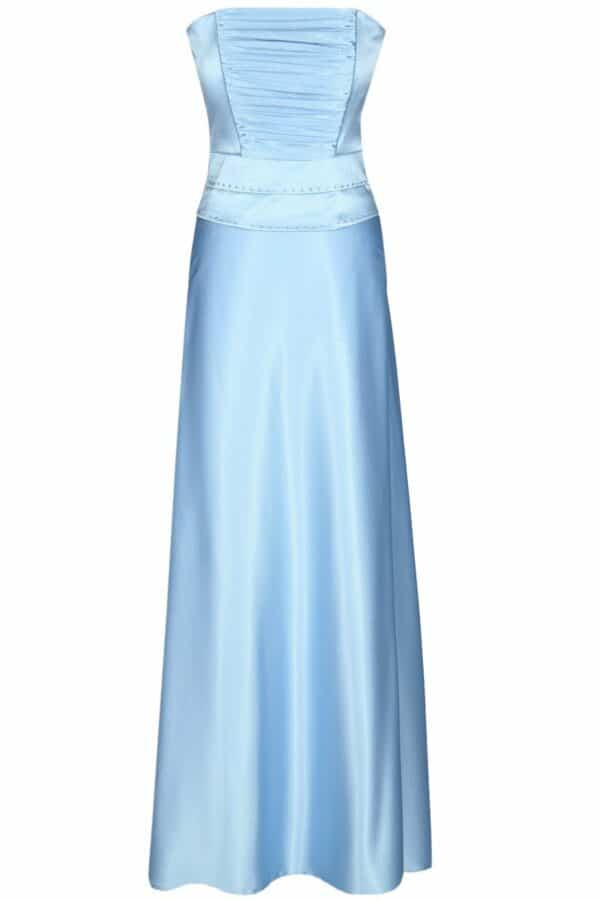 Дълга небесно синя сатенена рокля с корсет с дребни кристали и болеро 086
